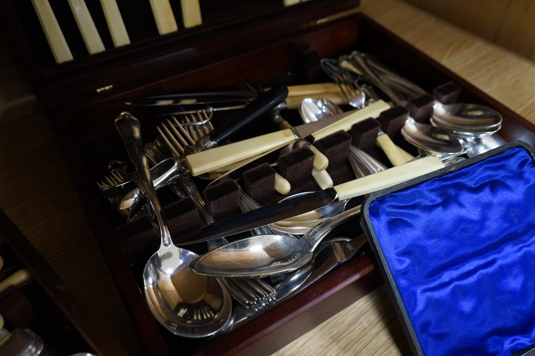 A group of assorted cased plated flatware and a cased set of six Edwardian silver teaspoons by Charles Wilkes, Birmingham, 1904. Condition - fair